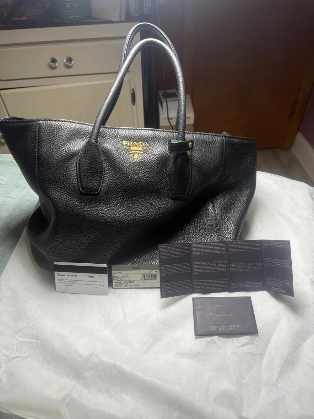 Prada Navy Blue Pebbled Leather Tote with Shoulder Strap